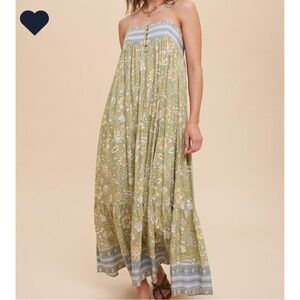 In Loom Boarder Print Tiered Maxi Dress Green and Blue Floral Sundress Rayon